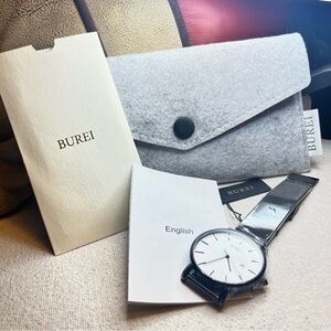 Burei S-19003M Men's Silver Stainless Steel Mesh Analog Dial Quartz Watch - NWT